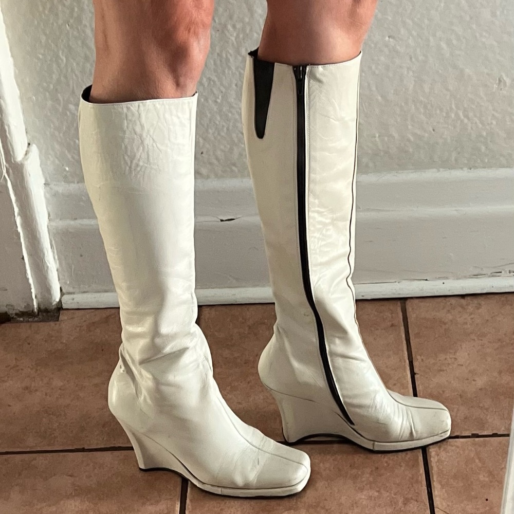 Shelly of London White Knee-High Wedge Boots